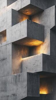 Light glows warmly within concrete cubes layered in an architectural building structure pattern photo