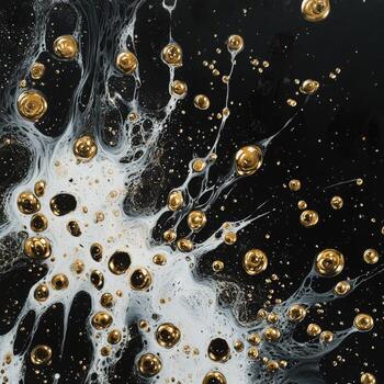Golden bubbles float across black background with swirling white patterns creating an abstract space photo