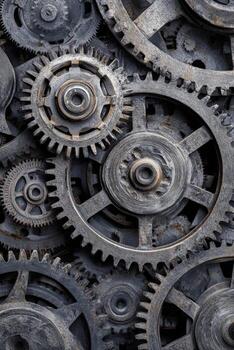 A complex assembly of interconnected gray gears forms a dense, industrial, mechanical pattern photo