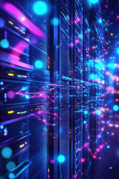 Server racks glow brightly with neon connections and data streams within the data center photo