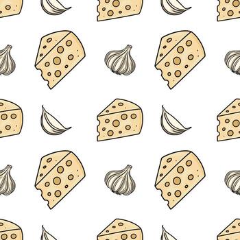 Seamless pattern featuring handdrawn illustrations of cheese wedges and garlic cloves, creating a playful and appetizing design ideal for culinary-themed projects. vector