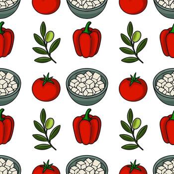 Seamless pattern featuring vibrant red tomatoes, bell peppers, feta cheese in bowls, and olive branches, creating a fresh and appetizing Mediterranean-inspired design. vector