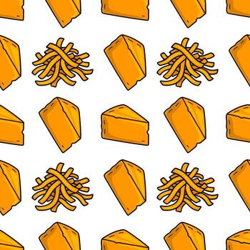 Seamless pattern featuring handdrawn illustrations of cheese wedges and grated cheese, creating a playful and appetizing design ideal for food packaging or culinary-themed projects. vector