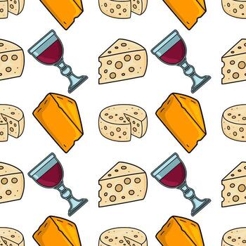 sin costura modelo presentando dibujado a mano ilustraciones de varios queso tipos, incluso queso Cheddar, madre mía, y redondo quesos, junto a lentes de rojo vino, creando un encantador y apetitoso Delaware... vector