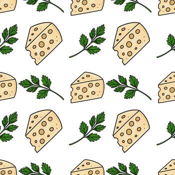 sin costura modelo de dibujado a mano queso porciones y perejil ramitas en un blanco fondo, creando un alegre y apetitoso diseño Perfecto para comida embalaje o temática culinaria proyectos vector