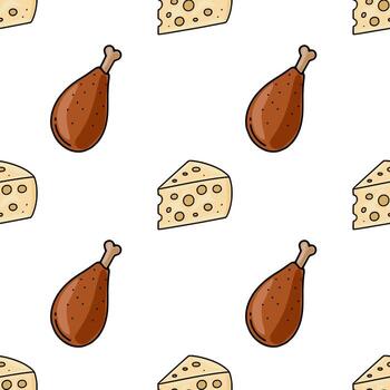 Seamless pattern featuring a playful arrangement of roasted chicken legs and cheese wedges, rendered in a hand-drawn style with a lighthearted and appetizing aesthetic. vector