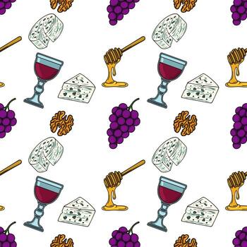 Seamless pattern featuring handdrawn illustrations of gorgonzola cheese, red wine, honey, walnuts, and grapes, creating a delightful culinary composition. vector