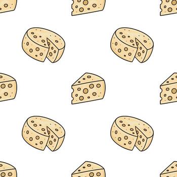 encantador sin costura modelo presentando dibujado a mano ilustraciones de queso ruedas y porciones, exhibiendo un encantador, alegre estilo con pálido amarillo y blanco color paleta. vector