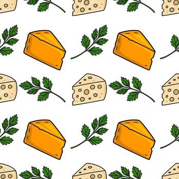 sin costura modelo presentando dibujado a mano ilustraciones de queso Cheddar y suizo queso porciones intercalado con ramitas de Fresco perejil, creando un vibrante y apetitoso diseño ideal para culinario... vector