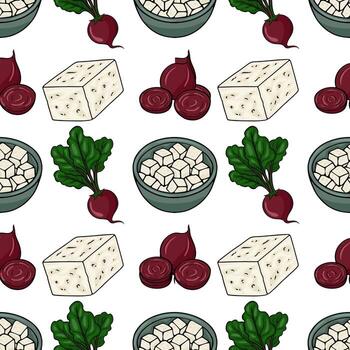 Seamless pattern featuring hand-drawn illustrations of feta cheese, beetroot, and beet greens, arranged in a playful, repeating design. vector