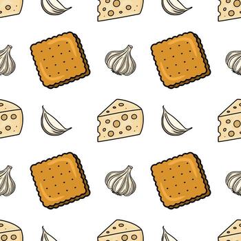 Seamless pattern featuring hand-drawn illustrations of crackers, cheese wedges, and garlic cloves, creating a playful yet appetizing design. vector