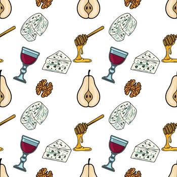 Seamless pattern featuring hand-drawn illustrations of Gorgonzola cheese, pears, walnuts, honey, and a glass of red wine, creating a sophisticated and appetizing design. vector