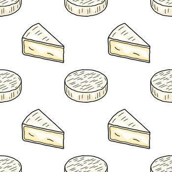 Seamless pattern featuring hand-drawn illustrations of Brie cheese, showcasing both whole rounds and triangular slices in a delightful, repeating design. vector