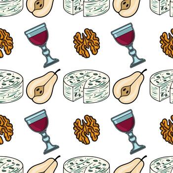 Seamless pattern featuring hand-drawn illustrations of Dorblue cheese, pears, walnuts, and glasses of red wine, creating a sophisticated and appetizing design. vector