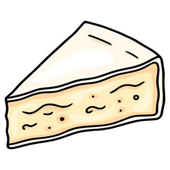un caprichoso ilustración de un queso Camembert queso rebanada, presentando un dibujado a mano estilo con cremoso beige y blanquecino tonos, exhibiendo un único textura y juguetón diseño ideal para comida blogs,... vector