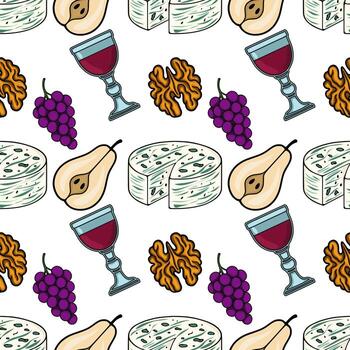 Seamless pattern featuring hand-drawn illustrations of gorgonzola cheese, pears, grapes, walnuts, and glasses of red wine, creating a sophisticated and appetizing design. vector