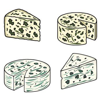 un ilustración presentando cuatro queso roquefort y dorblu , exhibiendo ambos todo rondas y cuña rebanadas con detallado veteado y molde patrones, ideal para culinario diseños vector