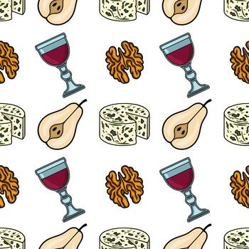 Seamless pattern featuring hand-drawn illustrations of gorgonzola cheese, pears, walnuts, and glasses of red wine, creating a sophisticated and appetizing design. vector