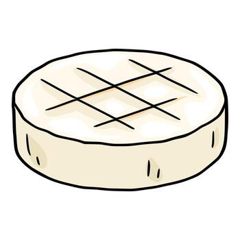 un ilustración de un soltero redondo queso Camembert queso rueda con un distinto rayado modelo en arriba, presentado en un dibujado a mano dibujos animados estilo con cremoso beige y blanco color paleta. vector