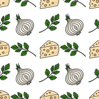 sin costura modelo presentando dibujado a mano ilustraciones de queso porciones, cebollas, y perejil ramitas, creando un vibrante y apetitoso culinario diseño. vector