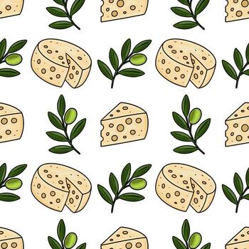 Seamless pattern featuring hand-drawn illustrations of cheese wheels, cheese wedges, and olive branches, creating a charming and appetizing design ideal for culinary branding or packaging. vector