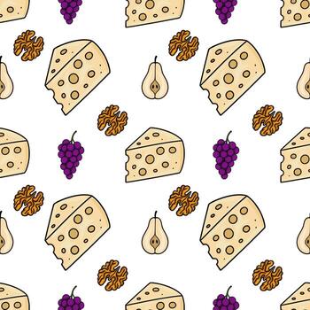 Seamless pattern of hand-drawn cheese wedges, halved pears, grape bunches, and walnut halves, creating a charming and appetizing food illustration. vector