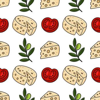 Seamless pattern featuring hand-drawn illustrations of cheese wedges, tomato slices, and olive branches, creating a charming and appetizing design. vector