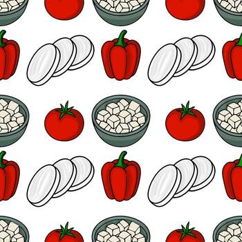 Seamless pattern featuring hand-drawn illustrations of red bell peppers, sliced onions, tomatoes, and bowls of feta cheese, creating a vibrant and appetizing design. vector