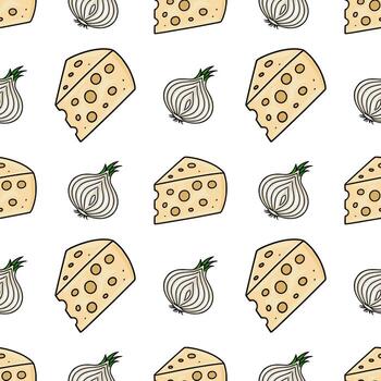 Seamless pattern featuring handdrawn illustrations of cheese wedges and onions, creating a playful and appetizing design ideal for culinary-themed projects. vector