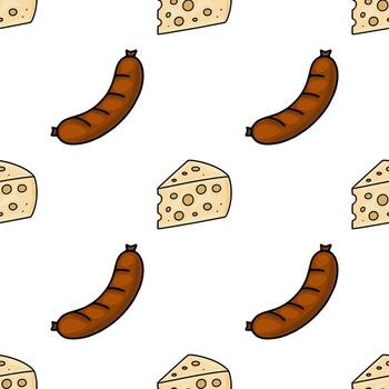 Seamless pattern featuring a playful illustration of brown sausages and yellow cheese wedges, creating a cheerful and appetizing design perfect for food-related projects. vector