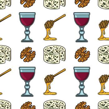 Seamless pattern featuring a delightful arrangement of blue cheese, walnuts, honey dipper, and glasses of red wine, creating a visually appealing and appetizing design. vector