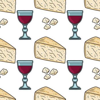 Seamless pattern featuring hand-drawn illustrations of parmesan cheese wedges, crumbled cheese pieces, and glasses of red wine, creating a rustic and appetizing design. vector