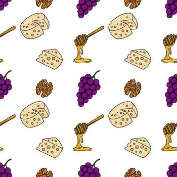 Seamless pattern featuring handdrawn illustrations of cheese, grapes, walnuts, and honey, creating a charming and appetizing design perfect for food packaging or culinary-themed projects. vector