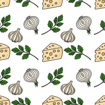 sin costura modelo presentando dibujado a mano ilustraciones de queso porciones, ajo clavos de olor, cebollas, y perejil ramitas, creando un vibrante y apetitoso culinario diseño. vector