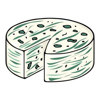 A illustration of a round Dorblu cheese wheel with a slice removed, showcasing a creamy off-white base with green marbling and dark green specks throughout, creating a visually appealing and unique... vector