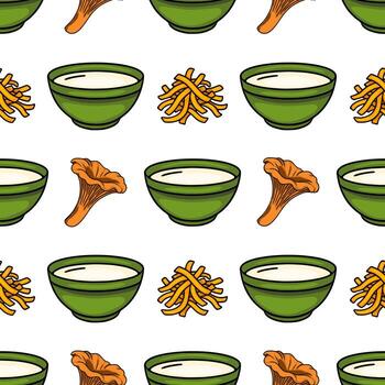Seamless pattern featuring hand-drawn illustrations of chanterelle mushrooms and bowls of creamy soup, creating a charming and appetizing design ideal for culinary-themed projects. vector