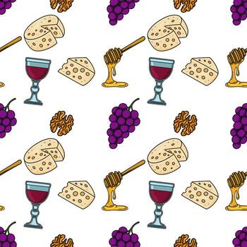 Seamless pattern of handdrawn illustrations of cheese, grapes, walnuts, honey, and red wine, creating a delightful and appetizing design perfect for food-related projects. vector