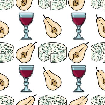 sin costura modelo presentando dibujado a mano ilustraciones de gorgonzola queso, maduro peras, y lentes de rojo vino, creando un sofisticado y apetitoso diseño. vector