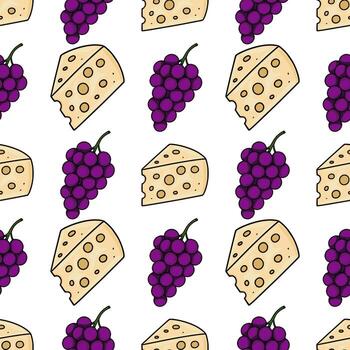 Seamless pattern featuring hand-drawn illustrations of cheese wedges and bunches of purple grapes, creating a charming and appetizing design ideal for food packaging or culinary-themed proje... vector