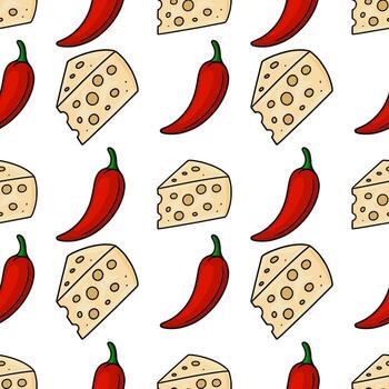 Seamless pattern featuring handdrawn illustrations of cheese wedges and red chili peppers, creating a vibrant and playful food design. vector