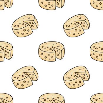 Seamless pattern of hand-drawn cheese wheels with a slice removed, showcasing a playful, cartoonish style with pale yellow color and black outlines on a white background. vector