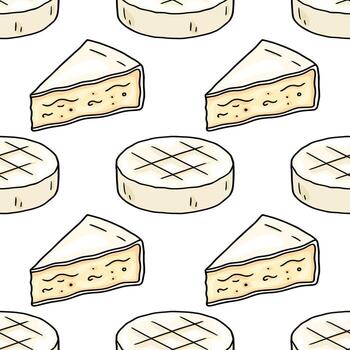 encantador sin costura modelo presentando dibujado a mano ilustraciones de queso Camembert queso en todo y rebanado formularios, exhibiendo un encantador, cremoso paleta y juguetón estilo. vector