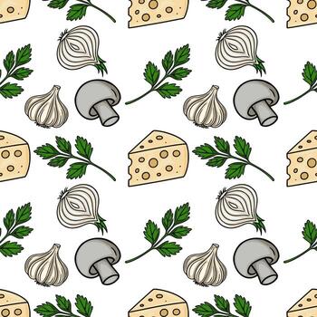 Seamless pattern featuring handdrawn illustrations of cheese, onions, garlic, mushrooms, and parsley sprigs, creating a vibrant and appetizing culinary design. vector