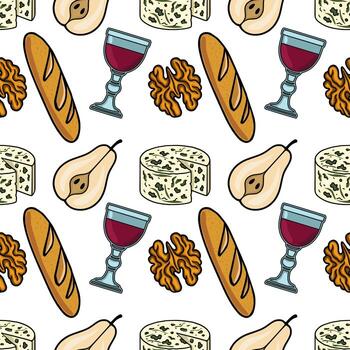 Seamless pattern featuring handdrawn illustrations of gourmet cheese, baguette, pear, walnuts, and a glass of red wine, creating a sophisticated and appetizing design. vector