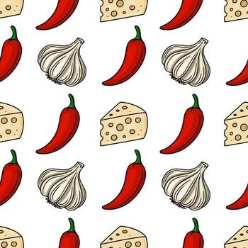 Seamless pattern featuring handdrawn illustrations of chili peppers, garlic cloves, and cheese wedges, creating a vibrant and appetizing food design. vector