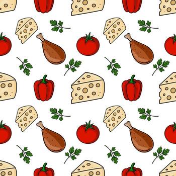 sin costura modelo presentando dibujado a mano ilustraciones de queso porciones, pollo baquetas, rojo campana pimientos, Tomates, y perejil ramitas, creando un vibrante y apetitoso comida diseño. vector