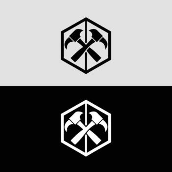 Mining logo design with crossed pickaxes in hexagon shape for construction and industry company branding use vector