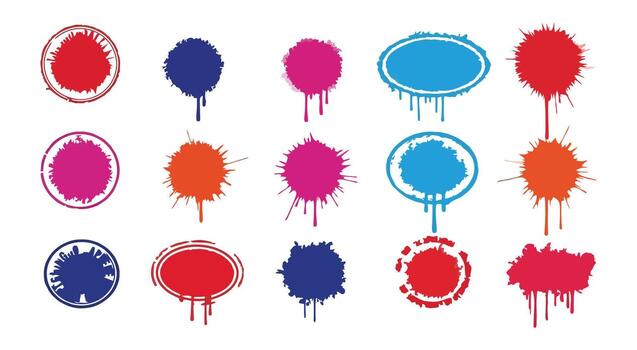 Collection of colorful paint splatters and oval shapes with dripping effect splash vector