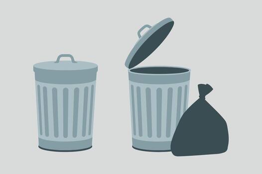 Trash Can Illustration with Closed and Open Lid and Garbage Bag for Waste Management and Recycling Icon vector