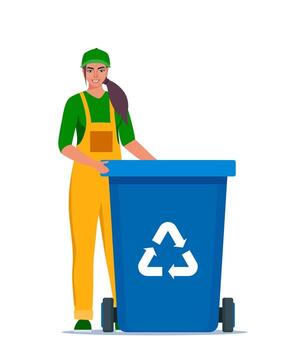 basura mujer en uniforme con basura compartimiento y reciclaje símbolo en él. basura clasificación. cero desperdiciar, ambiente proteccion vector